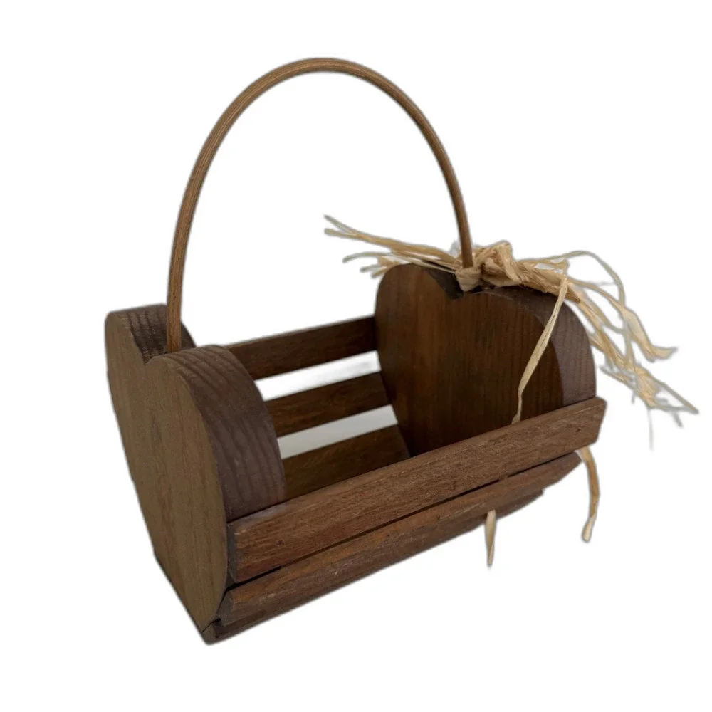 Heart Slatted Decorative Wooden Basket with Handle Raffia Charm Cottagecore